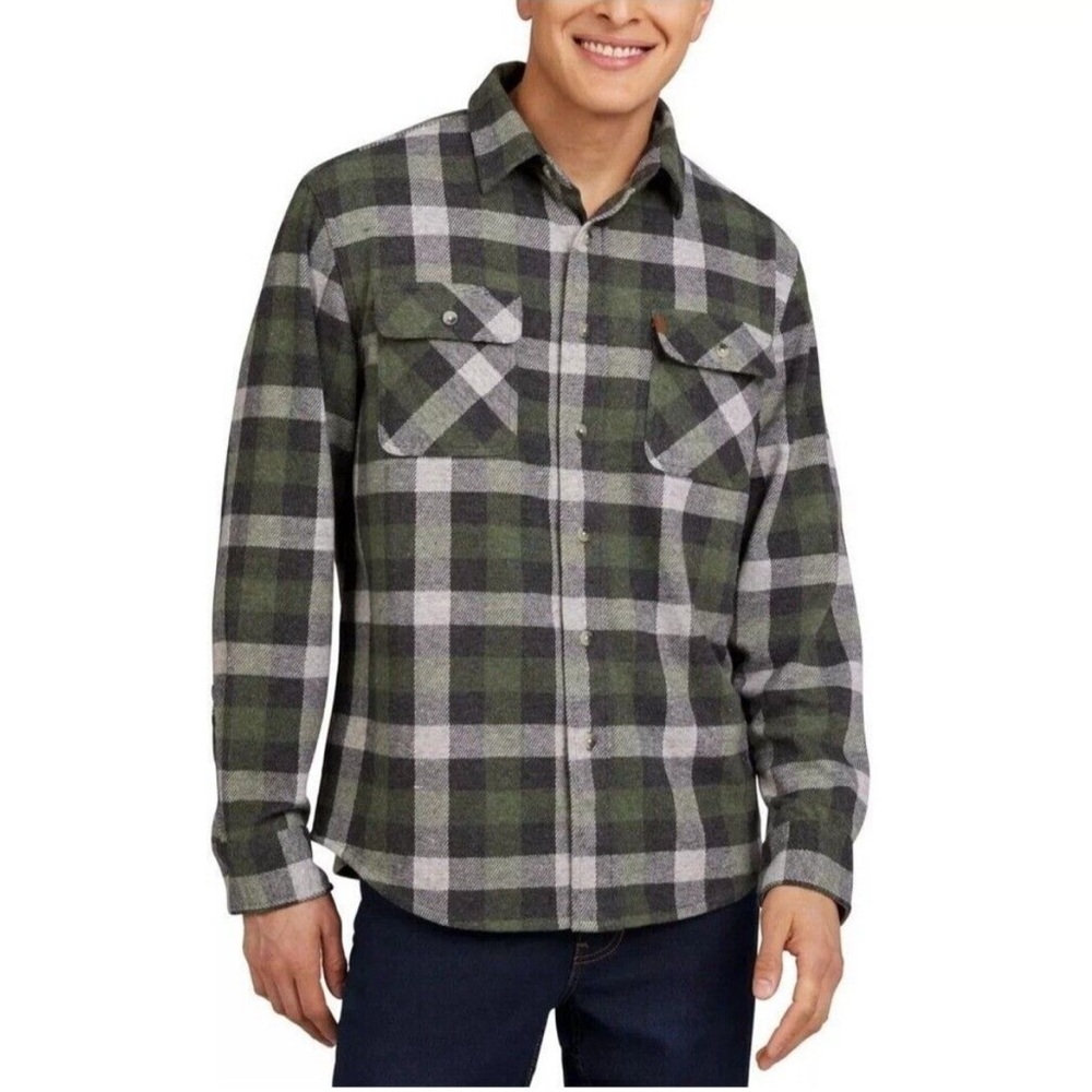 Chaps Mens Knit Flannel Shirt Button Up Stretch Green Plaid Size L New with Tags